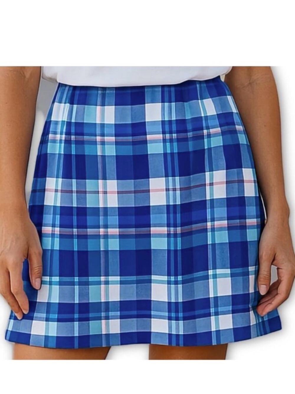 LL Bean Madras Plaid Skirt Blue Cotton A Line Preppy Size 14 Petite